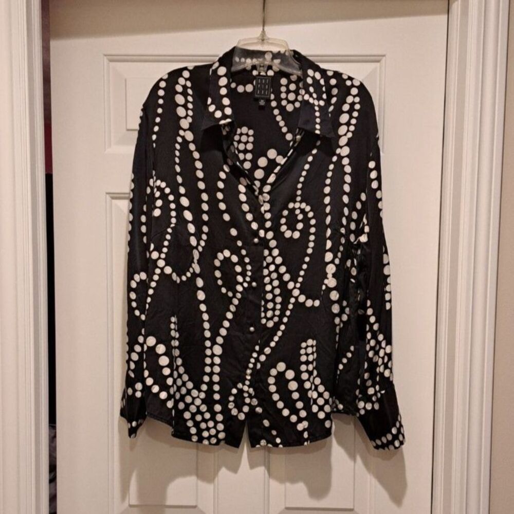 Due Per Dué Top Black White Pearl Op Art 100% Silk Blouse Collared Women's 18W